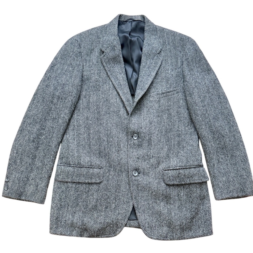 Harris Tweed Mens Grey Herringbone Wool Blazer Coat Handwoven Scotland qq06
